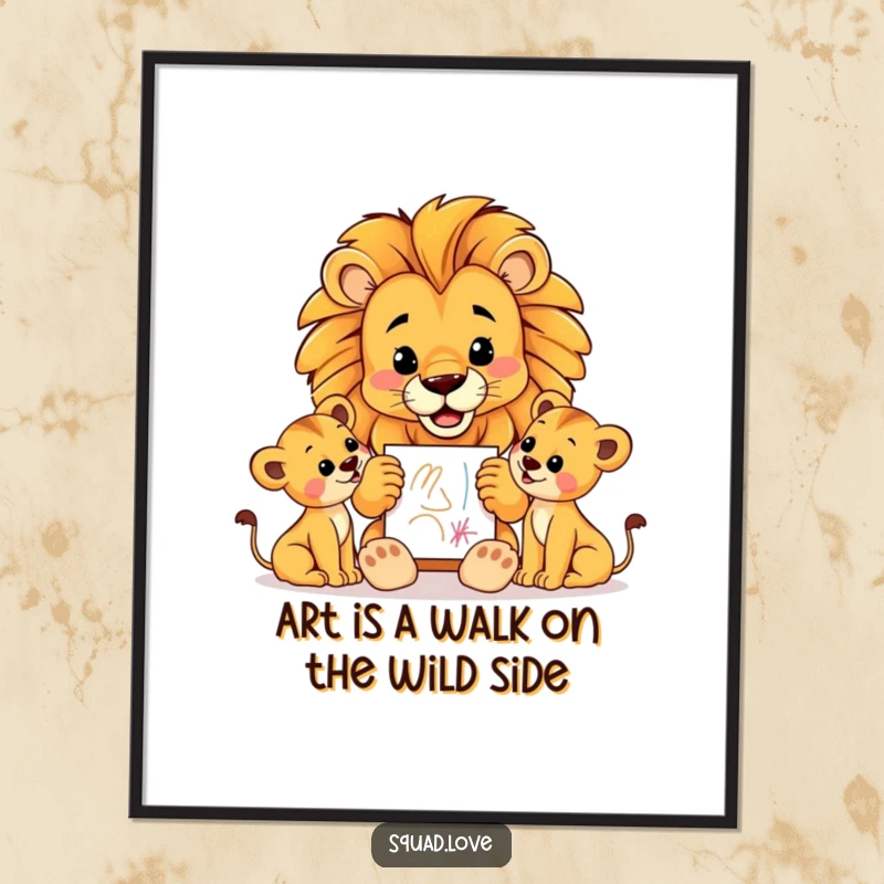 Funny Free Printable Wall Art: A proud lion dad proudly shows a crayon drawing to his attentive cubs.