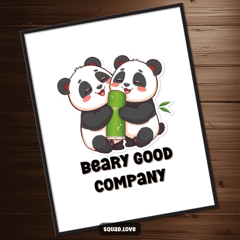Funny Free Printable Wall Art: Two smiling pandas hugging each other while sharing a large bamboo shoot.