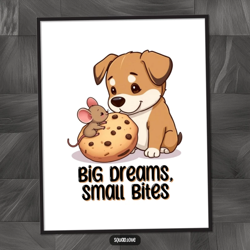 Funny Free Printable Wall Art: A tiny mouse and a large dog sit together, joyfully sharing an oversized cookie in a heartwarming scene.