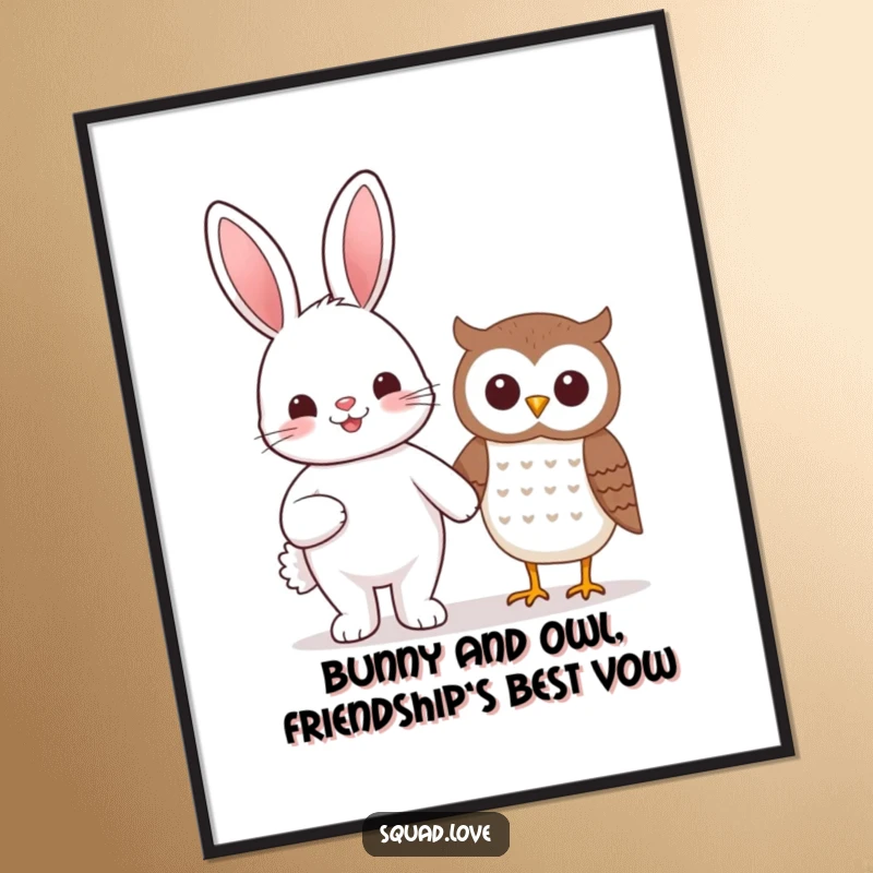 Funny Free Printable Wall Art: A kawaii bunny beaming while holding hands with a smiling owl, symbolizing friendship.