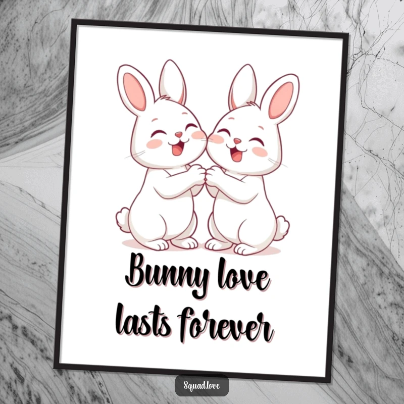 Funny Free Printable Wall Art: Two inseparable bunnies holding paws and sharing an enthusiastic, happy giggle.