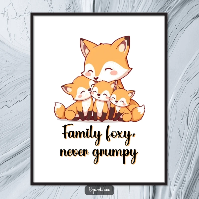 Funny Free Printable Wall Art depicting a mother fox lovingly nuzzling her content kits, radiating warmth and family love.