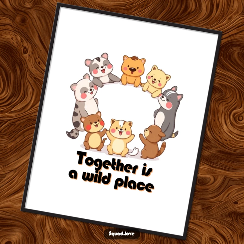 Funny Free Printable Wall Art depicting diverse animal friends holding hands in a laughing circle, radiating friendship and community.