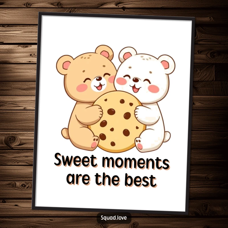 Funny Free Printable two bear cubs sharing a giant cookie with joyous expressions, bringing warmth and sweetness to any room. Adorable.