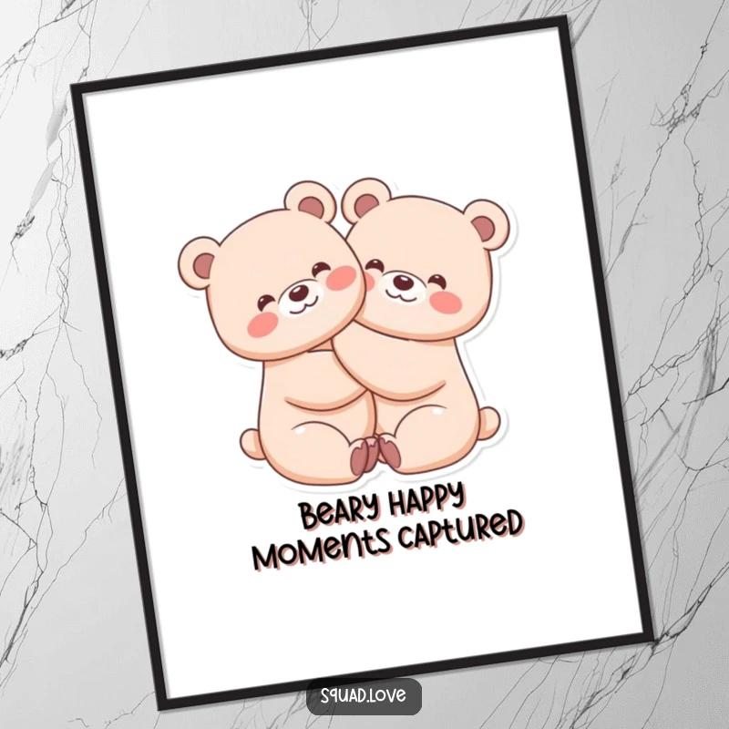 Funny Free Printable Wall Art of two kawaii bears hugging tightly with big smiles, bringing joy and warmth.
