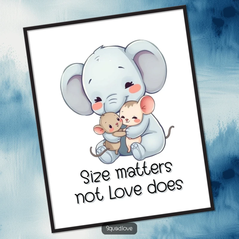 Funny Free Printable Elephant and Mouse Wall Art: A gentle elephant offers a warm hug to a tiny mouse, creating sweet decor.