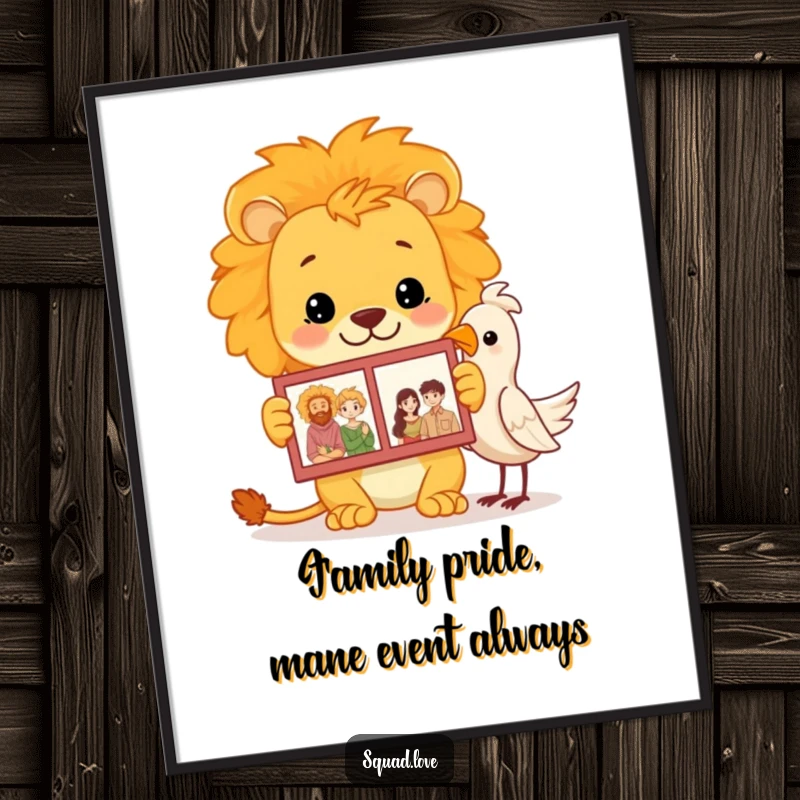 Free Printable Wall Art: A proud lion showing a family photo album to a small bird, celebrating heritage and love.