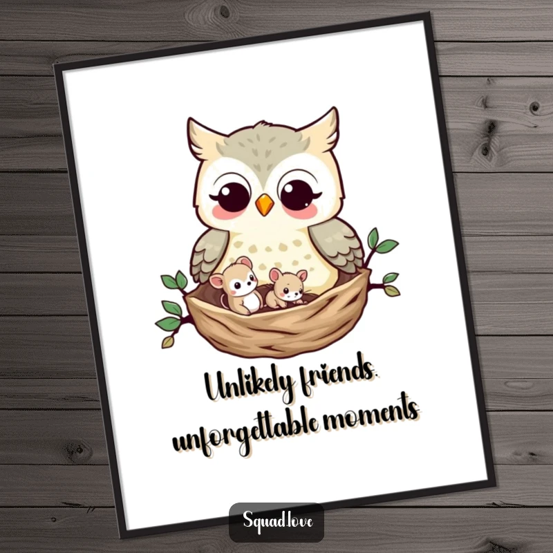 Funny Free Printable Wall Art: An owl and a mouse peacefully share a nest, creating a cozy and humorous visual for your space.