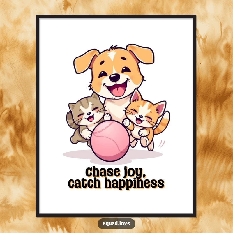 Funny Free Printable Wall Art: A dog and cat enthusiastically chasing a single bouncing ball across a playful scene.