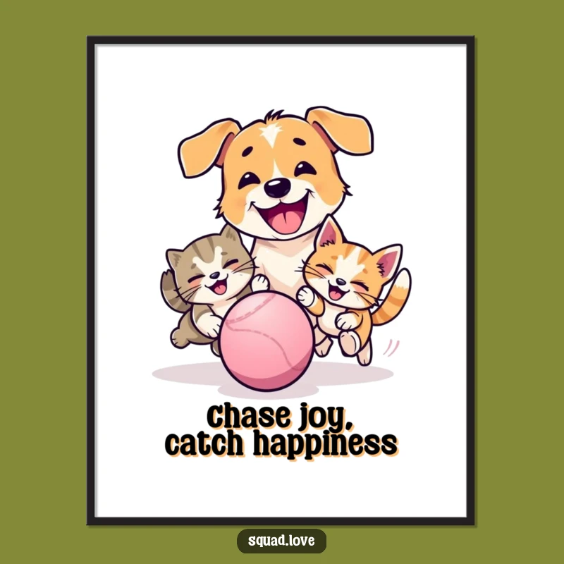 Free Printable Wall Art: Dog Cat Chasing Ball, Humorous Downloadable Decor