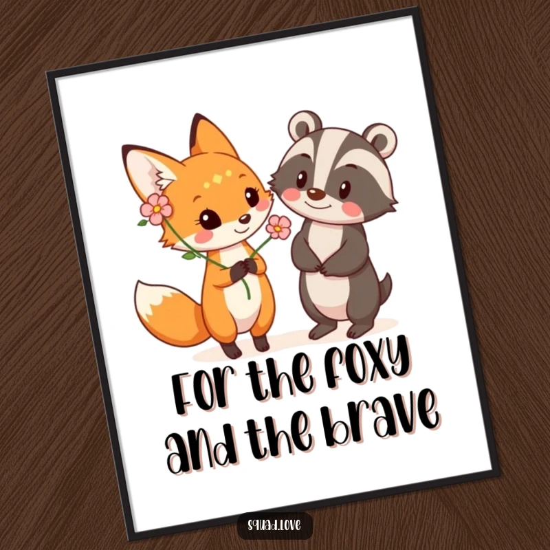 Funny Free Printable Wall Art: A gentle fox extends a beautiful flower to a happy badger, creating a heartwarming scene of friendship.