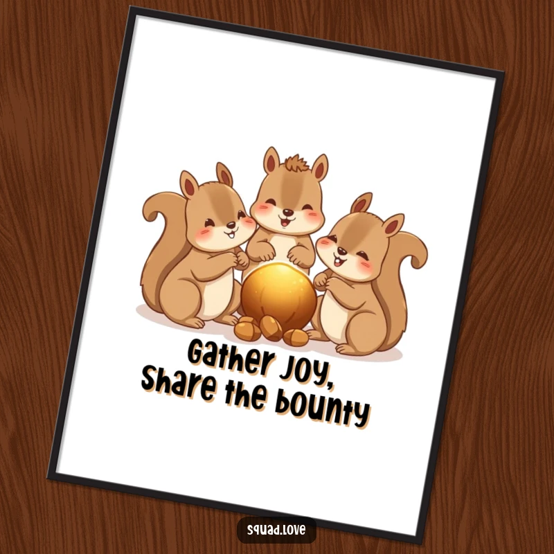 Funny Free Printable Wall Art: A group of happy squirrels share nuts, a warm glow between them, creating a cozy scene.