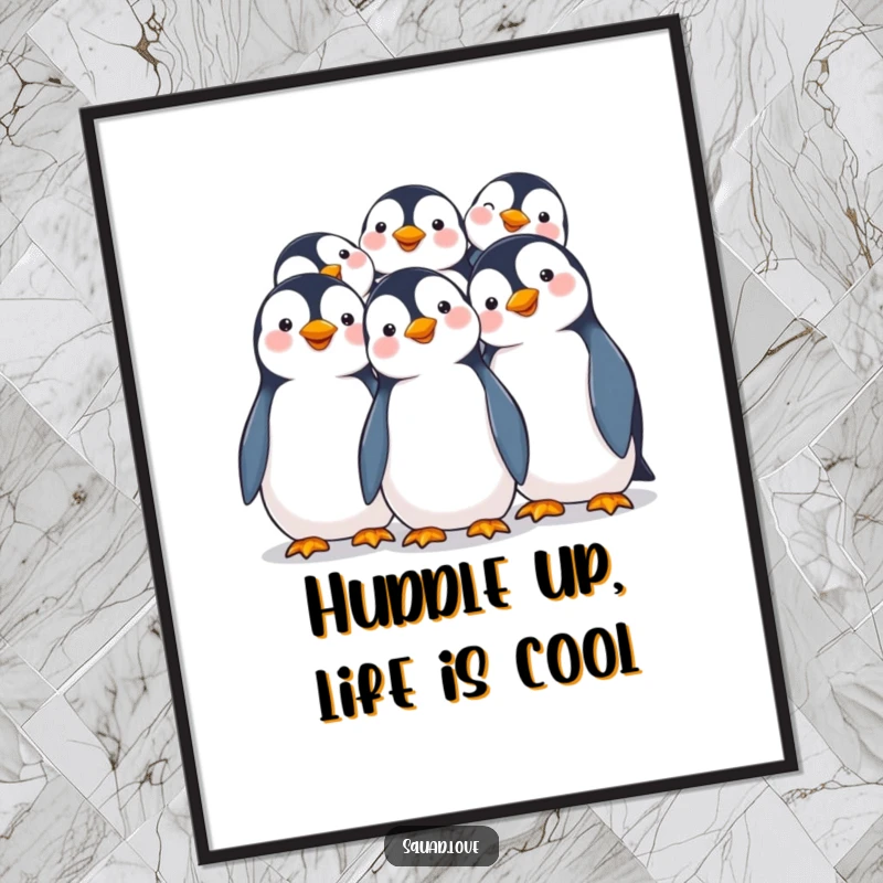 Funny Free Printable Wall Art: A group of smiling penguins snuggled closely together, exuding pure joy.