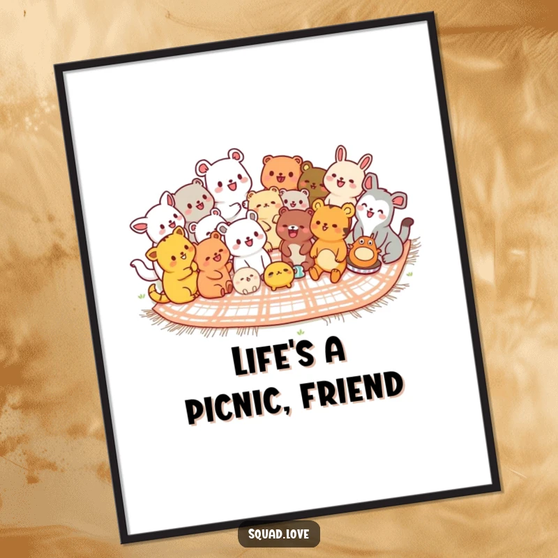 Cute Free Printable Wall Art: A diverse group of kawaii animals sharing a picnic blanket, laughing joyfully, creating a scene of fun.
