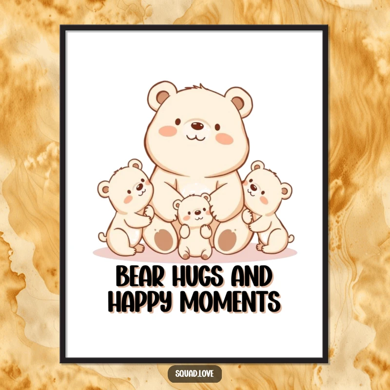 Free Printable Wall Art: A proud kawaii mama bear watches her cute cubs play, creating a scene of warmth and family love.