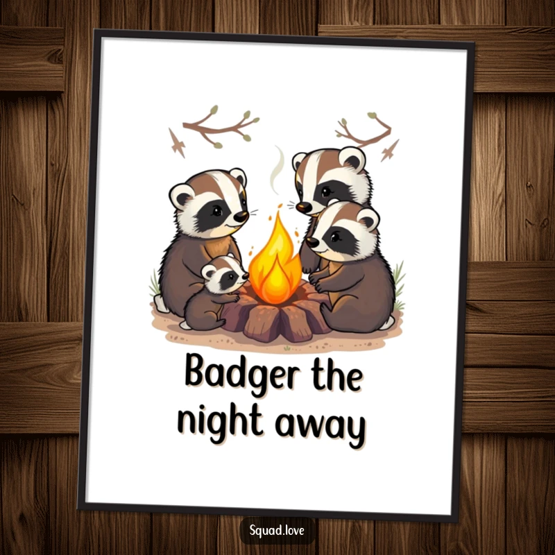 Funny Free Printable Wall Art: A badger family is cozily gathered around a brightly glowing campfire.