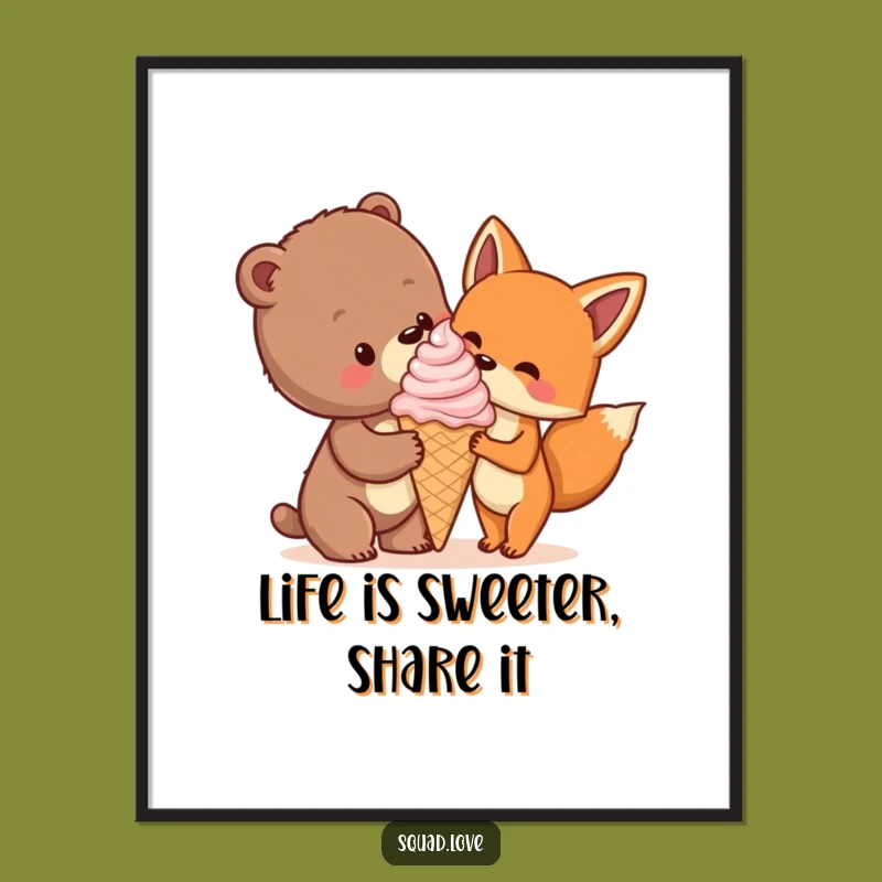 Funny Free Printable Wall Art: Bear Cub & Fox Ice Cream - Downloadable Art
