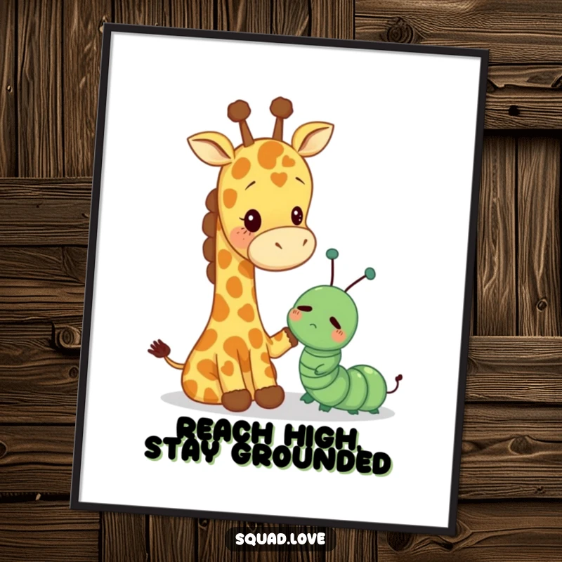 Funny Free Printable Wall Art: A friendly giraffe offers a comforting pat to a small, sad caterpillar, creating a gentle scene.
