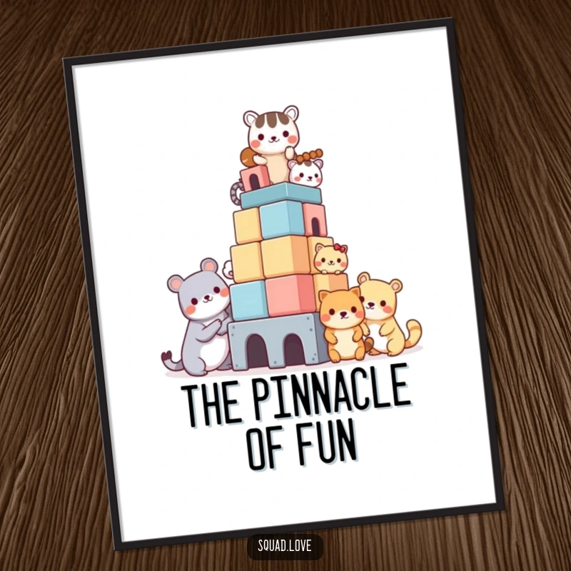 Funny Free Printable Wall Art, kawaii animals constructing a giant block tower, bursting with joy and teamwork, quirky downloadable art.