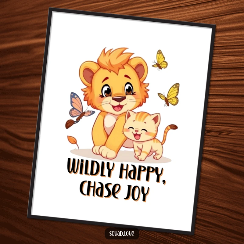 Funny Free Printable Wall Art: Playful lion cub and grinning kitten in a joyous chase after a butterfly, charming downloadable art.