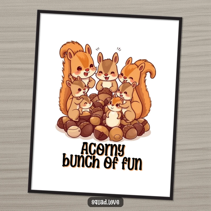 Funny Free Printable Wall Art: Squirrel family sharing pile of acorns, playful illustration, charming downloadable art.