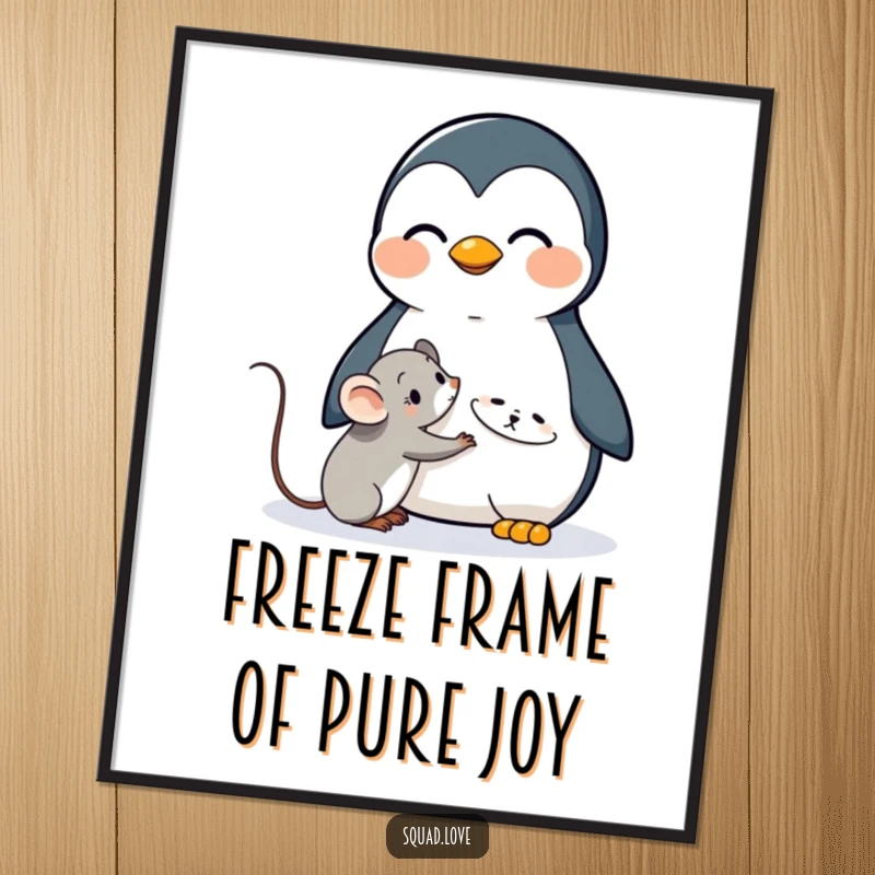 Funny Free Printable Wall Art, a joyful kawaii penguin hugging a bashful kawaii mouse, heartwarming scene downloadable art.