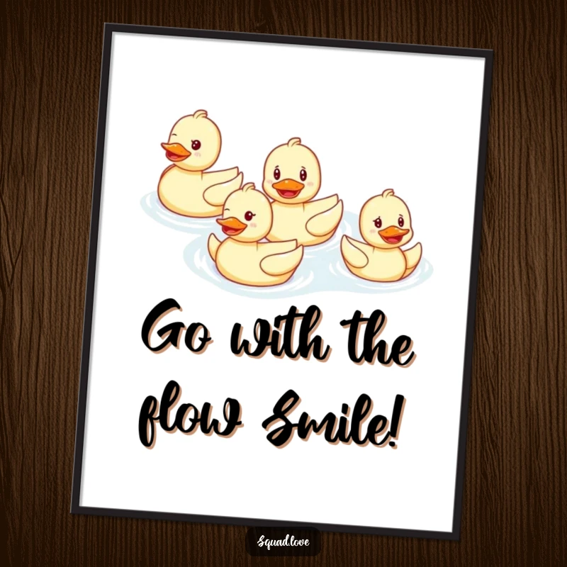 Funny Free Printable Wall Art: A happy duck family is swimming in perfect formation with big smiles.