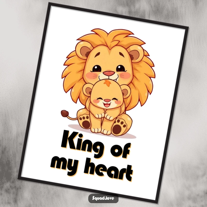 Funny Free Printable Wall Art: A proud lion cub is embraced by a larger lion, both with beaming, joyful faces.