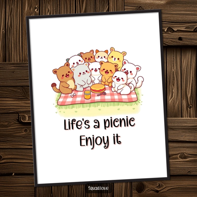Funny Free Printable Wall Art of diverse kawaii animals laughing together on a picnic blanket, radiating fun and friendship.