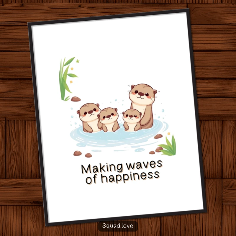 Funny Free Printable Wall Art, a family of kawaii otters gleefully splashing in a bubbly stream, lively downloadable art.