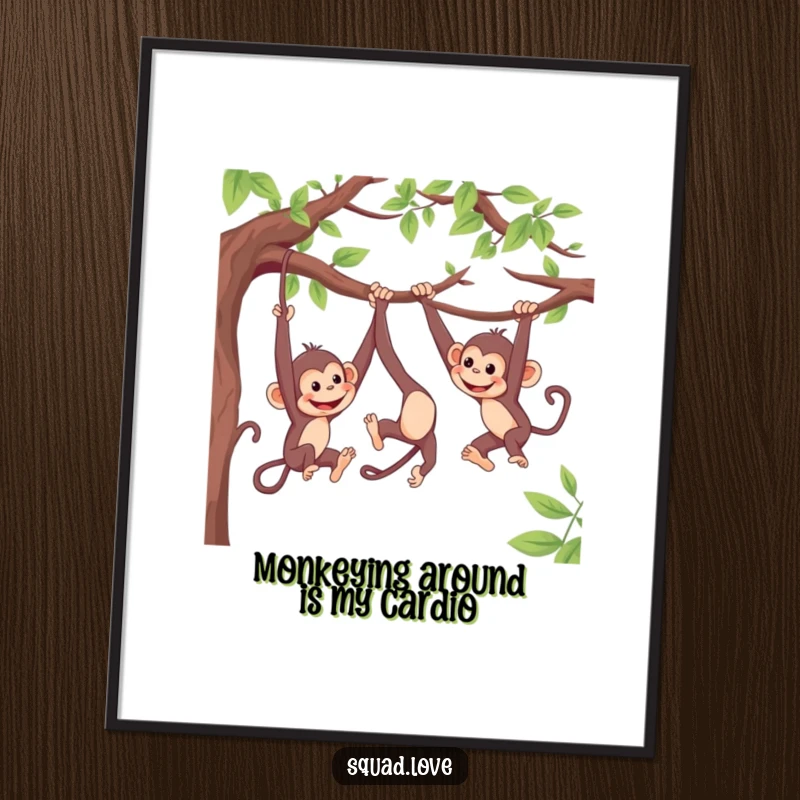 Funny Free Printable Wall Art: Two playful monkeys are depicted swinging from branches, reaching out to one another.