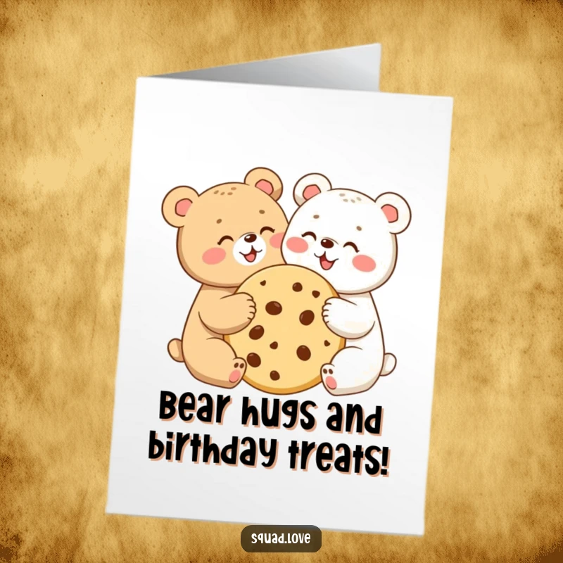 Funny Free Printable two bear cubs happily sharing a giant cookie, celebrating a birthday with pure joy. Adorable and sweet.