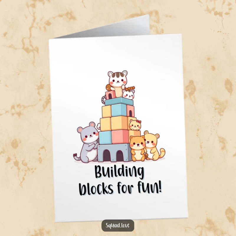 Funny Free Printable Birthday Card, kawaii animals building a towering block structure, celebrating with smiles, downloadable DIY gift.