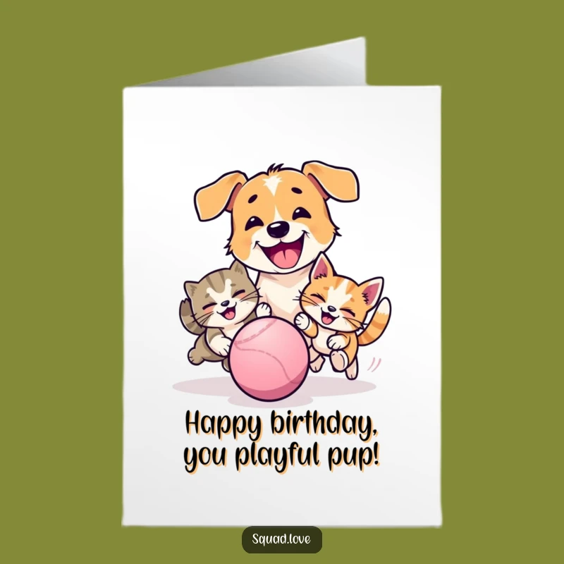 Free Printable Birthday Card: Dog Cat Chasing Ball, Funny Downloadable Gift