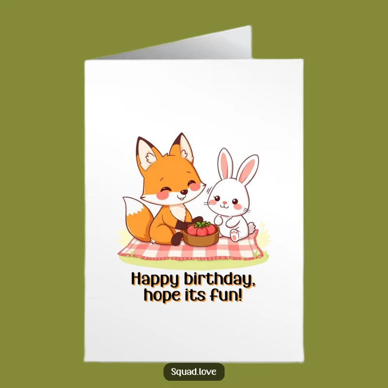 Free Printable Birthday Card: Fox Rabbit Picnic, Joyful Funny Downloadable Gift