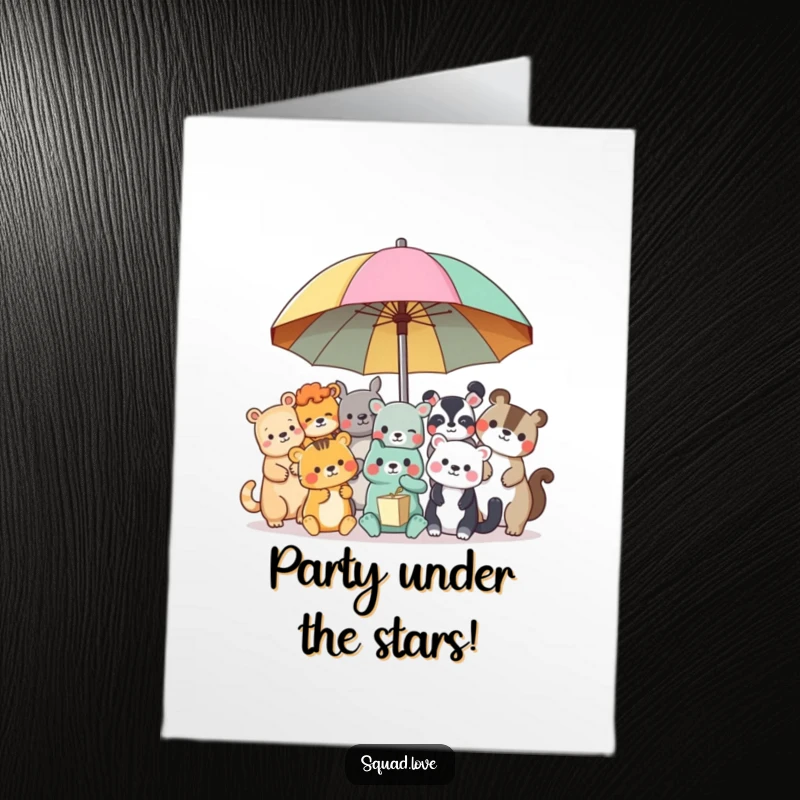 Funny Free Printable Birthday Card: Diverse animal friends joyfully sharing a giant, colorful umbrella, celebrating a birthday.