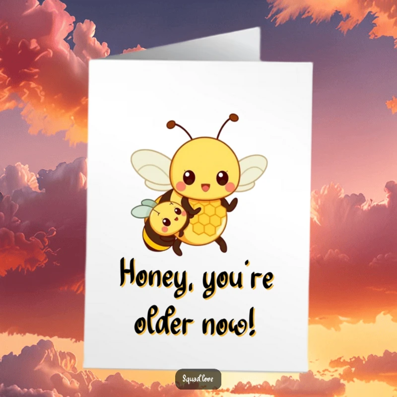 Funny Free Printable Birthday Card: Proud bee showing honeycomb, cute illustration, perfect for a memorable DIY gift.