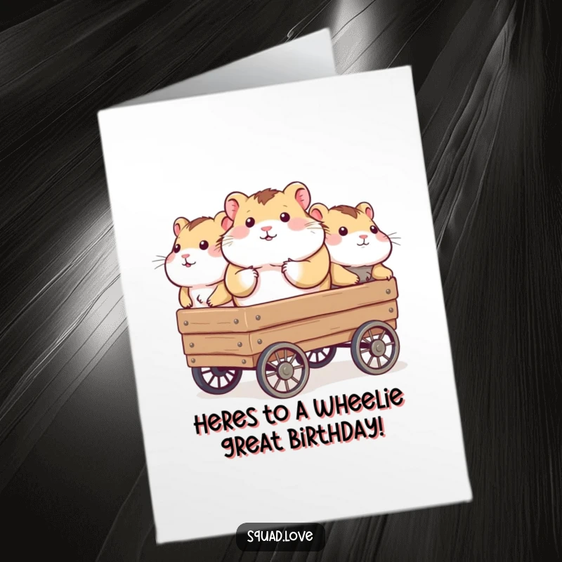 Funny Free Printable Birthday Card: A chubby hamster rides happily in a wagon pulled by a team of supportive friends.