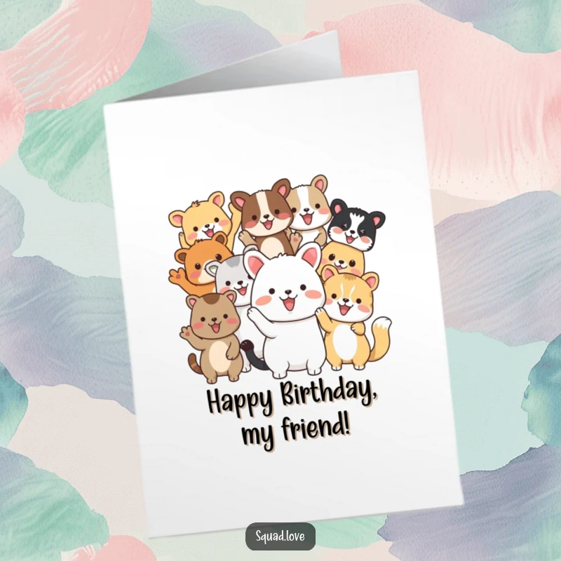 Funny Free Printable Birthday Card: Diverse animal friends waving together, cheerful illustration, perfect for a happy DIY gift.