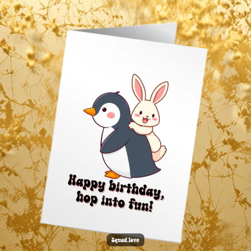 Funny Free Printable Birthday Card showing a happy penguin giving a rabbit a piggyback ride, celebrating friendship.