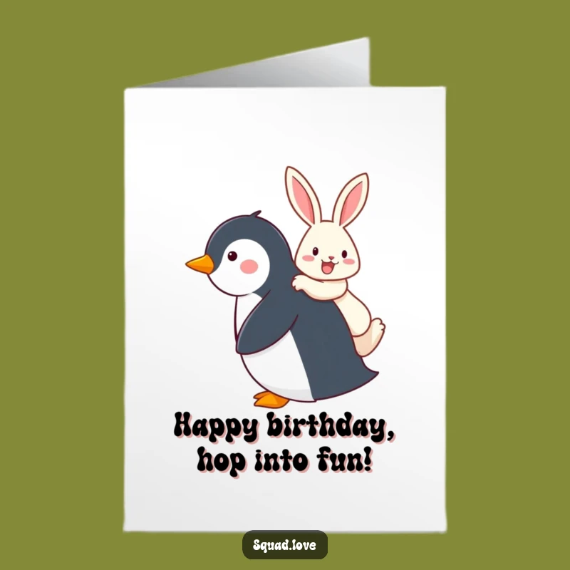 Free Printable Birthday Card: Penguin & Rabbit Ride - Funny Downloadable Gift
