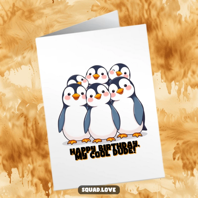 Funny Free Printable Birthday Card: A group of smiling penguins huddling closely together in a joyful embrace.
