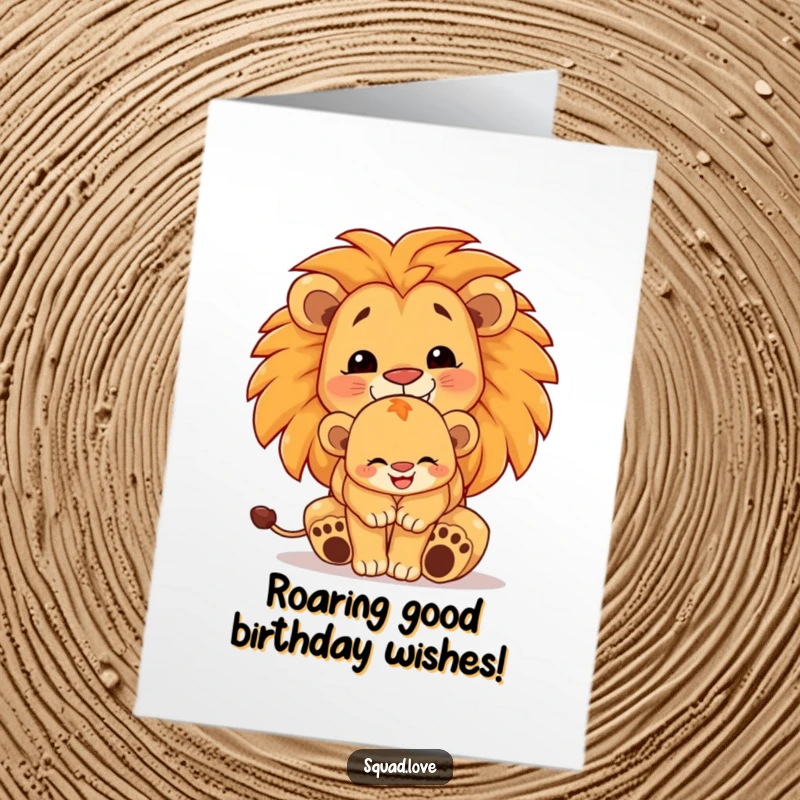 Funny Free Printable Birthday Card: A proud lion cub being hugged by a beaming larger lion, showing immense love.
