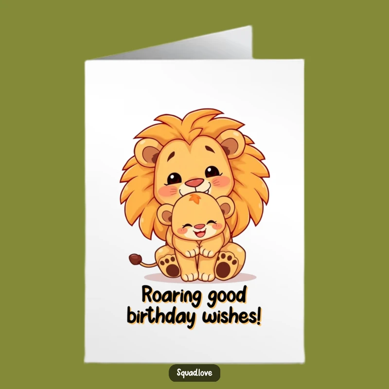 Free Printable Birthday Card: Proud Lion Family Hugging Big Smiles Downloadable Gift