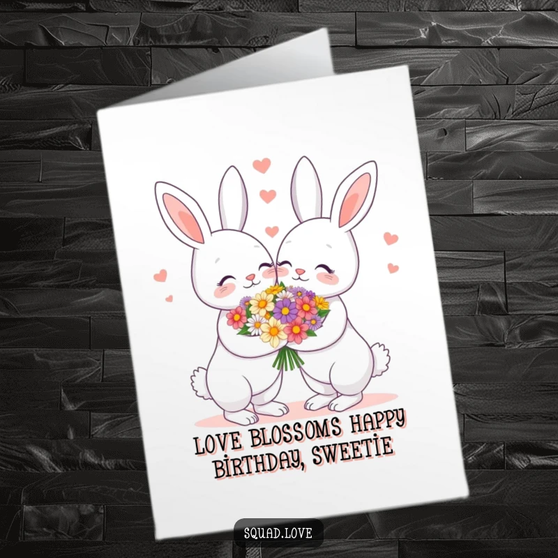 Funny Free Printable Birthday Card featuring a loving bunny couple sharing a flower bouquet, perfect for expressing affection.