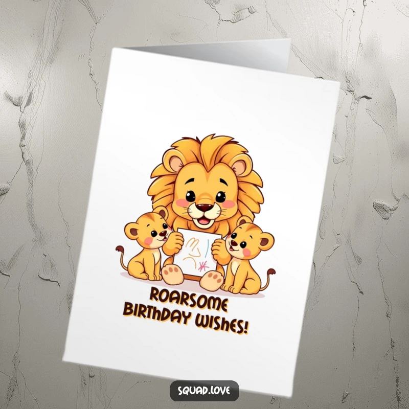 Funny Free Printable Birthday Card: A proud lion dad shows a crayon drawing to his adoring cubs, celebrating a birthday.