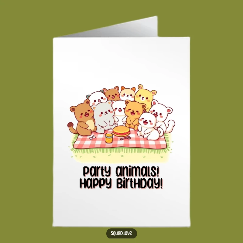 Free Printable Picnic Party Birthday Card: Kawaii Animal Fun