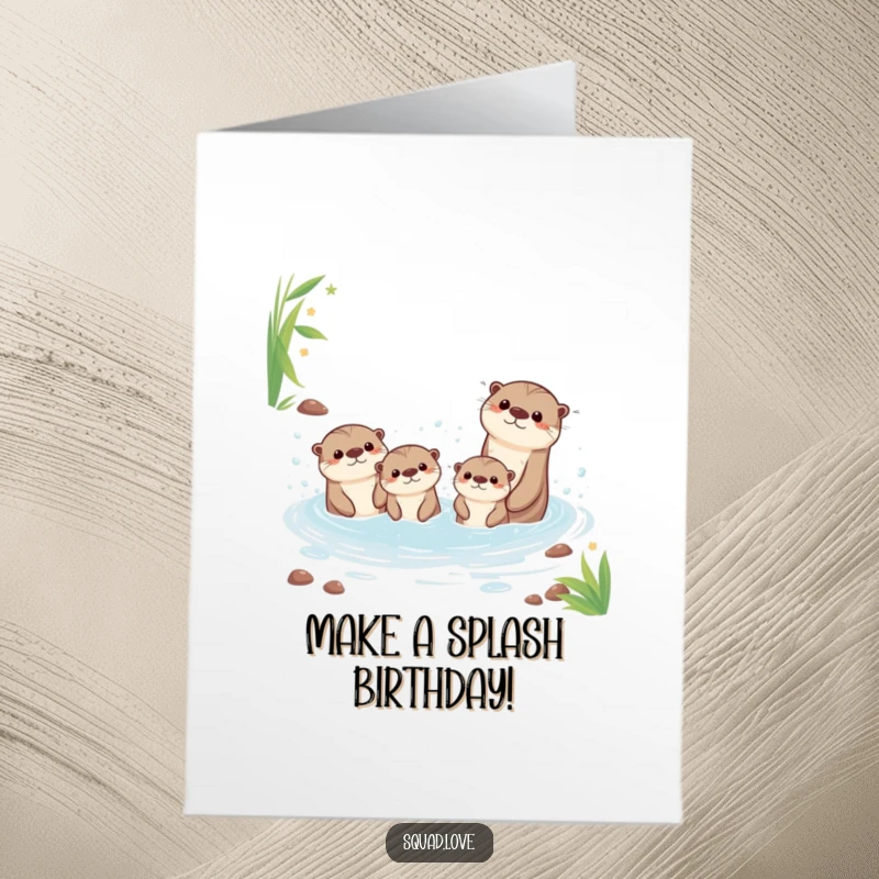 Funny Free Printable Birthday Card, a happy kawaii otter family splashing joyfully in a bubbly stream, playful downloadable gift.
