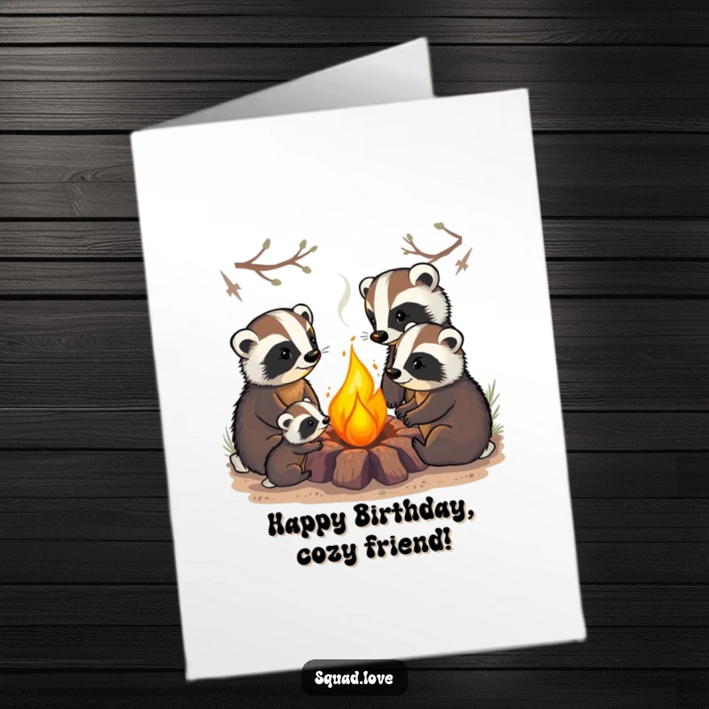 Funny Free Printable Birthday Card: A badger family gathers around a warm, glowing campfire, celebrating a birthday.