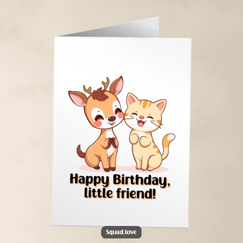 Free Printable Birthday Card: A joyful kawaii deer whispers a secret to a happily giggling cat.